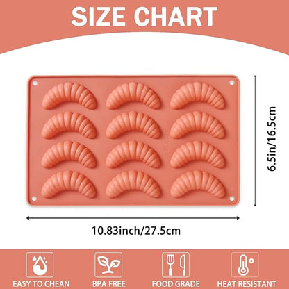 2PCS Silicone Croissant Molds, 12-Cavity Small Caterpillar Shaped Baking Pan for Cookie, Chocolate, Candy, Bread, Pastry, Cake Decoration
