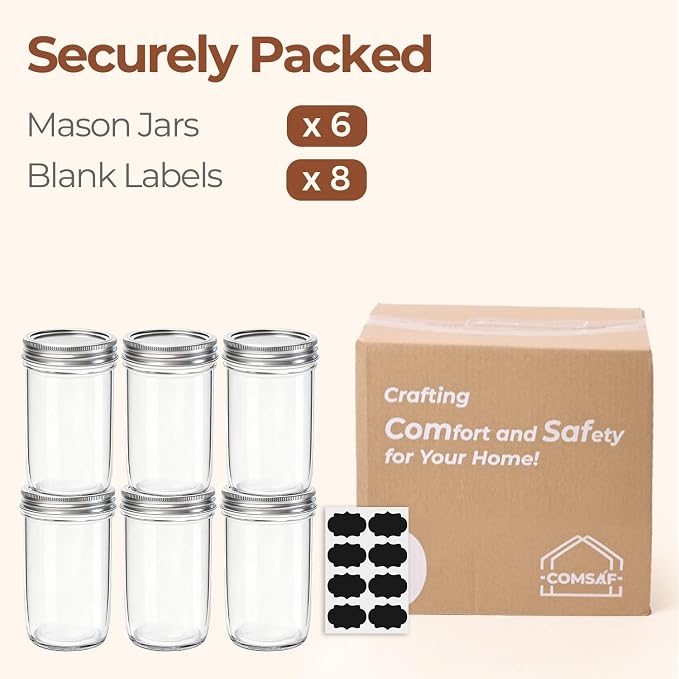 ComSaf 12 oz Mason Jars with Lids 6 Pcs, Regular Mouth Canning Jars with Seal Bands, 12 oz Glass Jar with lid for Soft Drinks, Juice, Jam, Jelly, Sauce, Dessert, Overnight Oats, Pickles