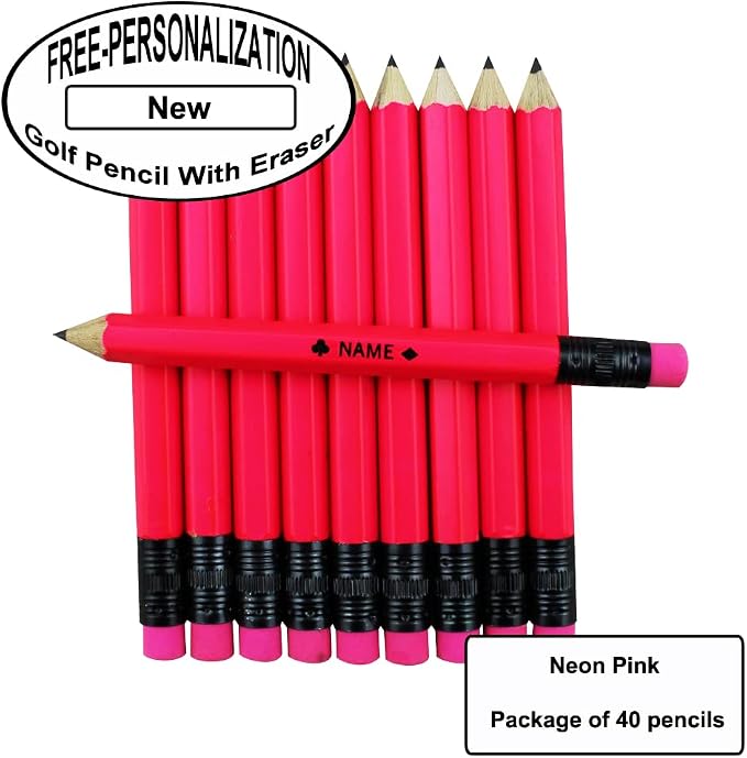 EZPENCILS & GIFTS - Golf Pencils Tipped with Eraser (1/2 a Pencil - Pew Pencils) - Neon Pink Colored Barrel - FREE-PERSONALIZATION - 2HB Black Lead - Custom Text - Non-Smear Eraser – Package of 40