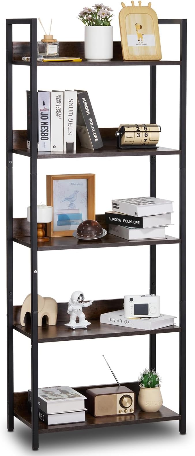 VEVOR Metal Bookshelf, 5-Tier Tall Industrial Bookshelf, Rustic Display Vintage Storage Bookcase with Open Shelves, Freestanding Display Shelving Unit Storage Rack, for Living Room, Bedroom & Office