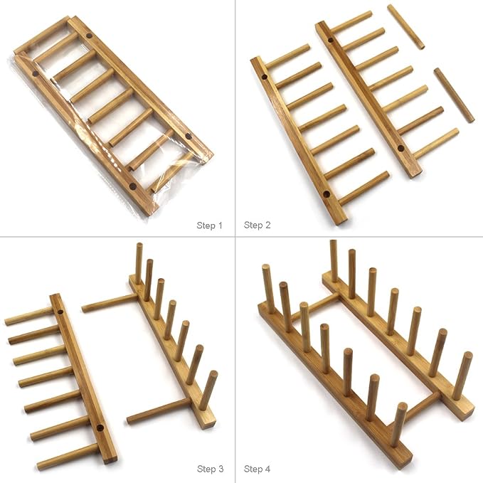 INNERNEED Bamboo Wooden Plate Racks Dish Stand Holder Kitchen Storage Cabinet Organizer for Dish/Plate/Bowl/Cup/Pot Lid/Cutting Board (Pack of 4)