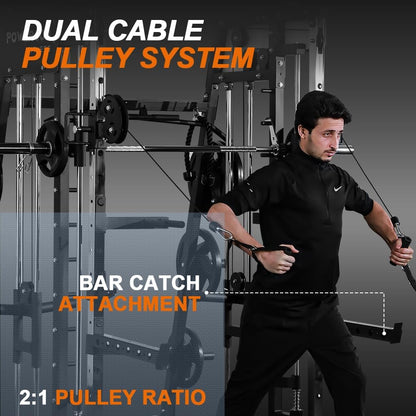 Power Cage 2300lbs Smith Machine Squat Rack with LAT-Pull Down System & Cable Crossover Machine, Training Equipment with Leg Hold-Down Attachment Weight Cage for Home Gym