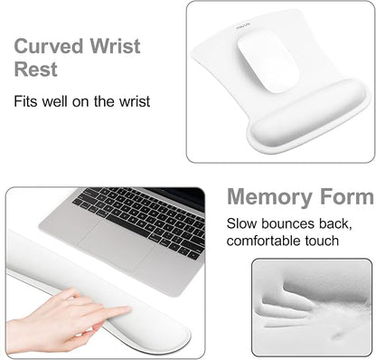 MOSISO Wrist Rest Support for Mouse Pad & Keyboard Set, Ergonomic Mousepad Non-Slip Base Home/Office Pain Relief & Easy Typing Cushion with Neoprene Cloth & Raised Memory Foam, White