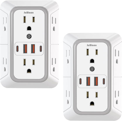 2 Pack Outlet Extender Surge Protector, 6 Outlet Splitter with 4 USB Outlet (2 USB A,2 USB C), 3Sided Power Strip with Adapter Spaced Outlets for Home, Office, Travel(White)