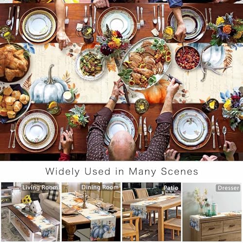 Fall Pumpkin Table Runner Dresser Scarf 16 x 72 Inch Blue Orange Maple Leaf Rustic Table Runners Non-Slip Heat Resistant Kitchen Dining Table Decor for Autumn Thanksgiving Holidays Indoor Outdoor