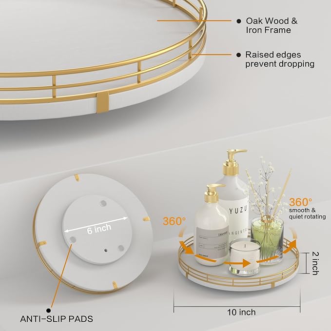 10" Wooden Lazy Susan Turntable for Cabinet – Rotating Spice Rack Organizer, Small Kitchen Countertop Tray for Dining Table & Pantry Storage (White & Gold)