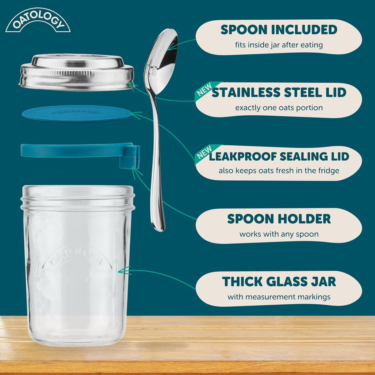 Overnight Oats Jars with Lids and Spoon - Glass Chia Pudding Containers - 16 oz Leakproof Mason Jar for Oatmeal - Wide Mouth To Go Meal Prep Cup with Measurement Markings - 1 Pack