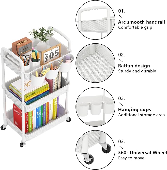 MOYIPIN 3-Tier Plastic Rolling Utility Cart with Handle,Utility Storage Cart for Office, Living Room, Kitchen,Movable Storage Organizer Shelves,White with 4 Hanging Cups