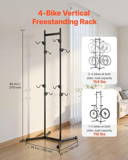 VEVOR Bike Stand for 2 Bikes, Freestanding Vertical Bike Storage Rack, with Height-Adjustable Hooks, Heavy-Duty Carbon Steel Standing Bicycle Floor Stand, Ideal for Garage, Apartment, Home, Black