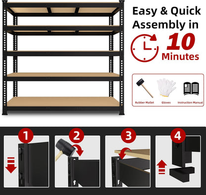 4 Packs 48" W x 24" D x 72" H Adjustable Garage Storage Shelves - 5-Shelf Heavy Duty Shelving Unit, Metal Utility Storage Organizer Racks for Warehouse Pantry Closet Kitchen, Black