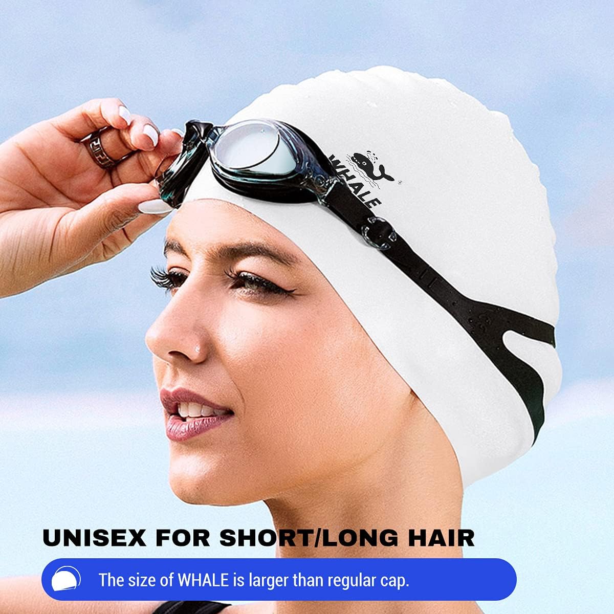 WHALE Extra Large Swim Cap for Women Men, Durable Silicone Swimming Hat with Ear Protection, Unisex Adults Bath Swimming Caps for Long Thick Curly Hair & Dreadlocks Braids Weaves Afro Hair