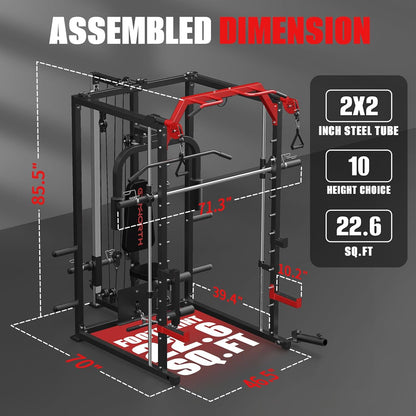 Smith Machine, Power Rack with LAT Pulldown System, Power Cage with Cable System, Squat Rack for Home Gym with Chest Press Machine, Spotter Arms, Leg Curl Attachment and More