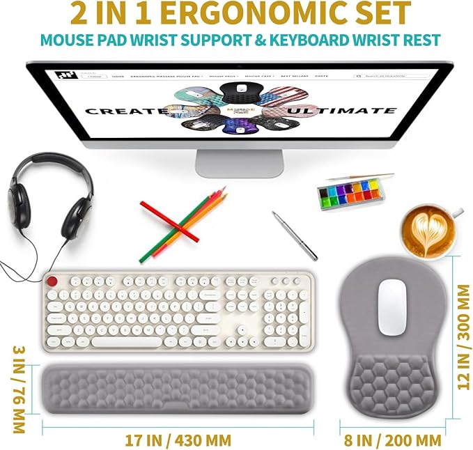 Hokafenle 2 In 1 Ergonomic Mouse Pad Wrist Support & Wrist Rest For Computer Keyboard Set, with Relieve Carpal Tunnel Pain Massage Bulge and Full Memory Gel Design (2In1 Set,Neutral Gray Light Purple)