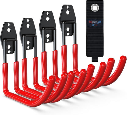 3-H Large Garden Hose Holder Wall Mount 4 Pack,Solid Steel Hose Hanger,Water Hose Holders for Outside,Perfect for Hanging Outdoor Air Hose,Ropes,Pipes,Garden Tools,Ladders,Bikes,Bulk Items(Red)