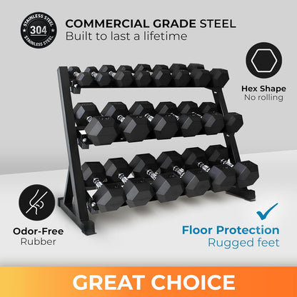 Rubber Hex Dumbbell Set with Rack, 10/12/20 Pair (550/780/1200/1550/2100 lbs total) Weight Rack with Dumbbells, Rubber Coated Dumbbell Set with Rack Stand for Home Gym & Strength Training