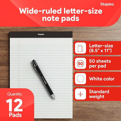 STAPLES Legal Pads, 8.5” x 11”, Wide Ruled, Perforated, 50 Sheets/Pad, 12‑Pack