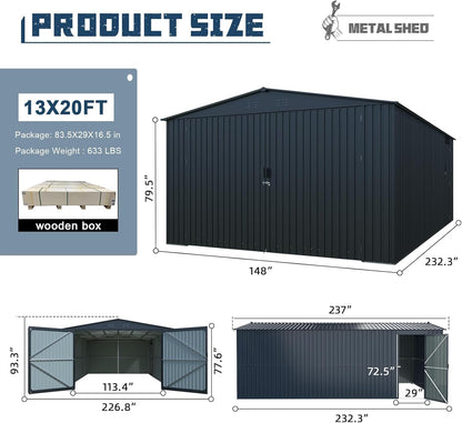 KUIKUI 20x13ft Heavy Duty Outdoor Garage Metal Shed, Sheds and Outdoor Storage with 2 Doors and 4 Vents Without Floor, Car Sheds Outdoor Garage