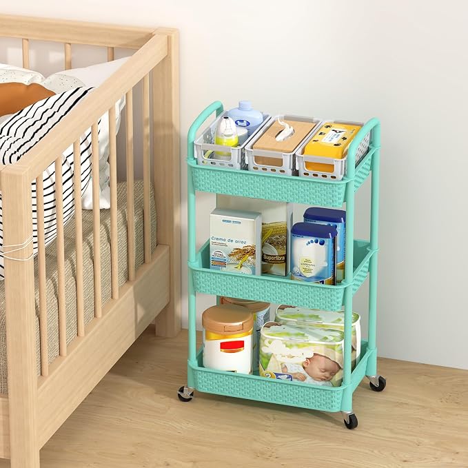 MOYIPIN 3-Tier Plastic Rolling Utility Cart with Handle,Utility Storage Cart for Office, Living Room, Kitchen,Movable Storage Organizer Shelves,Turquoise