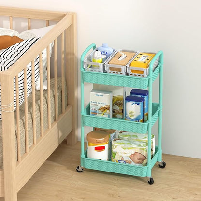 MOYIPIN 3-Tier Plastic Rolling Utility Cart with Handle,Utility Storage Cart for Office, Living Room, Kitchen,Movable Storage Organizer Shelves,Turquoise