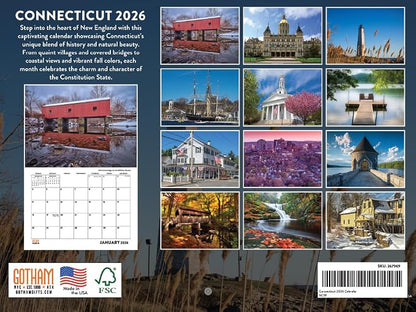 Connecticut Calendar 2026 Wall 12 Month Monthly CT Scenic Souvenirs Themed Gifts | American Made In The USA