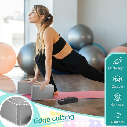 Meooeck 18 Pcs Yoga Block and Strap Set 9 x 6 x 3 Inch EVA Foam Non Slip Brick 8 ft Yoga Straps for Stretching D Ring Design for Back to School Pilates Fitness Workout Exercise