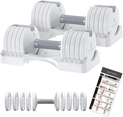 Adjustable Dumbbell – 12.5/25lb Single Unit OR Set of 2 – 5-in-1 Adjustable Weight for Home Gym, Strength Training & Fitness Workouts, White OR Black