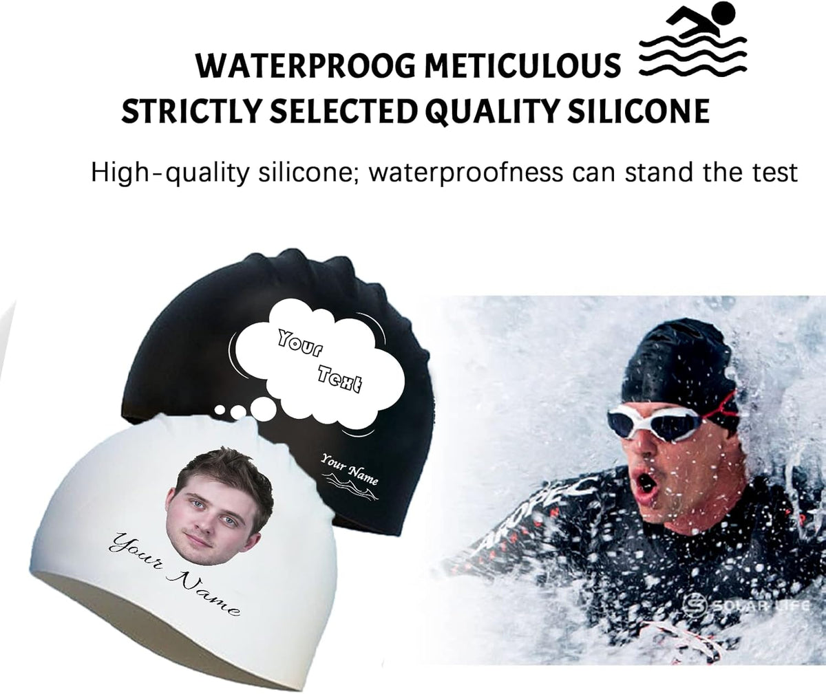 Custom Swim Cap with Photo Personalized Silicone Swim Cap for Men and Women Swimming Customized Swimmers Cap for Short and Medium Length Hair