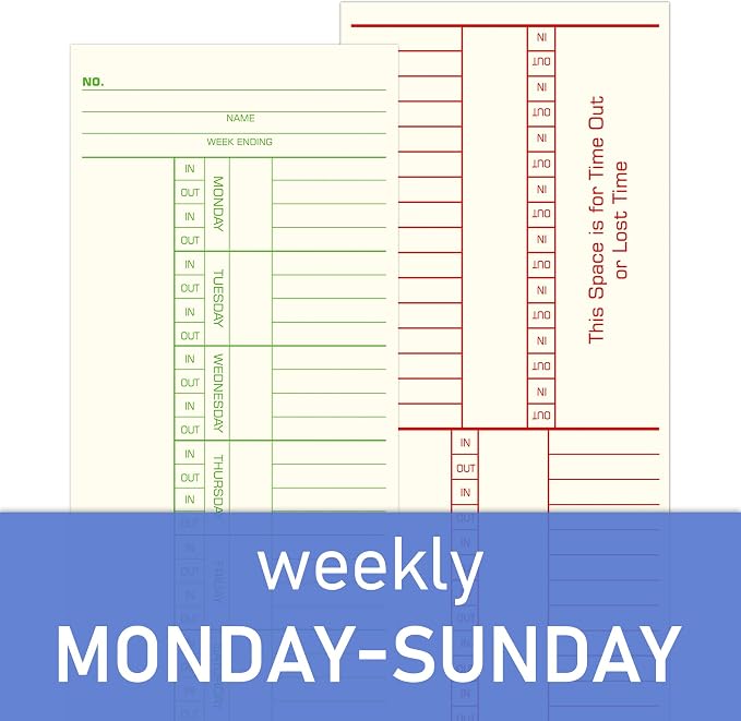 Weekly Time Cards 2-Sided, 3-3/8" x 8-1/4, Named Days, 100-Count,Time Cards for Employees, Green Print, Timecards for Time Clocks