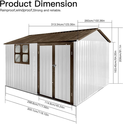 8x10 FT Outdoor Storage Shed, Metal Garden Shed with 4-pane Window, Outside Tool Shed with Lockable Hinged Doors & 4 Air Vents, Waterproof Storage Building for Backyard, Patio, Lawn, White+Coffee