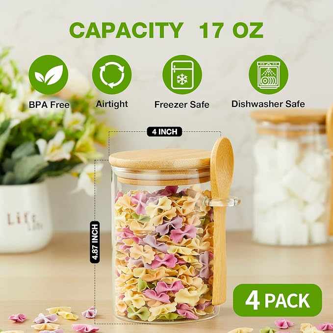 Mfacoy Set of 4 Airtight Glass Jars with Bamboo Lids & Spoons, 17 oz Borosilicate Overnight Oats Containers with Lids, Clear Food Storage Canister for Cookie, Candy, Coffee, Sugar, Matcha Tea, Flour