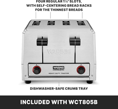 Waring Commercial WCT805B 4-Slice Heavy Duty Commercial Pop-Up Toaster, 208/240V, 2028/2700W, 6-20 Phase Plug, Silver, 10.5 x 11.5 x 9 inches