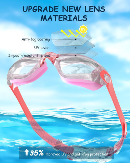 Kids Swim Goggles, Swimming Goggles for Kids Toddlers 3-14 with Swim Cap, Nose Clip, Nose Bridge, Ear Plugs