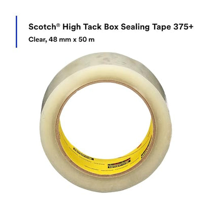 3M Scotch High Tack Box Sealing Tape 375+, Clear, 48 mm x 50 m, 36/Case