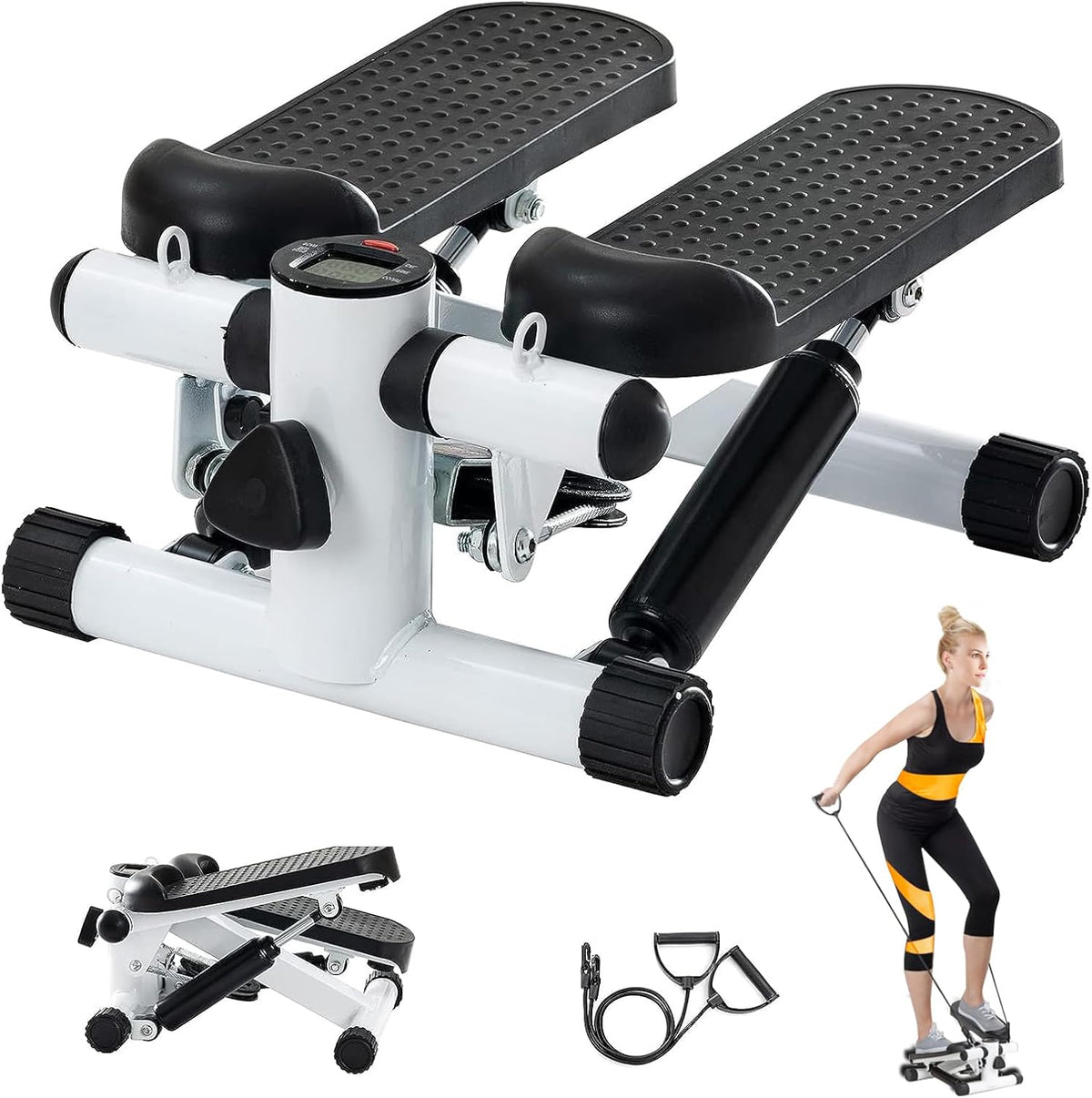 Steppers for Exercise at Home, Mini Stepper with Resistance Bands, 360LBS Capacity Portable Stair Stepper for Home, Hydraulic Fitness Stair Stepper with LCD Monitor