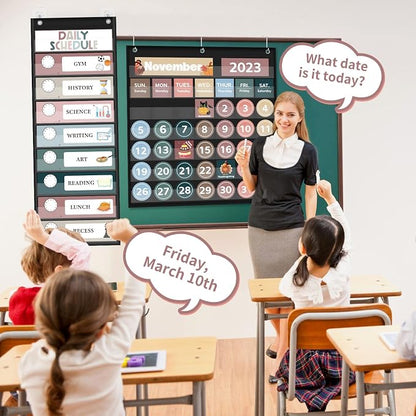 Monthly Calendar Pocket Chart for Classroom, Printed Days of The Week with Cards, Learning for Home or Kindergarten, Teacher Must Have Supplies That Fits Any School Décor (Black Calendar+Daily Schedule)