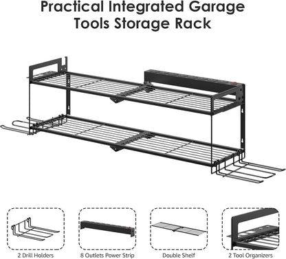 CCCEI Large Garage Tools Storage with Charging Station. Power Tool Battery Organizer Utility Shelf with Power Strip. 4 Drills Holder Wall Mount Rack.
