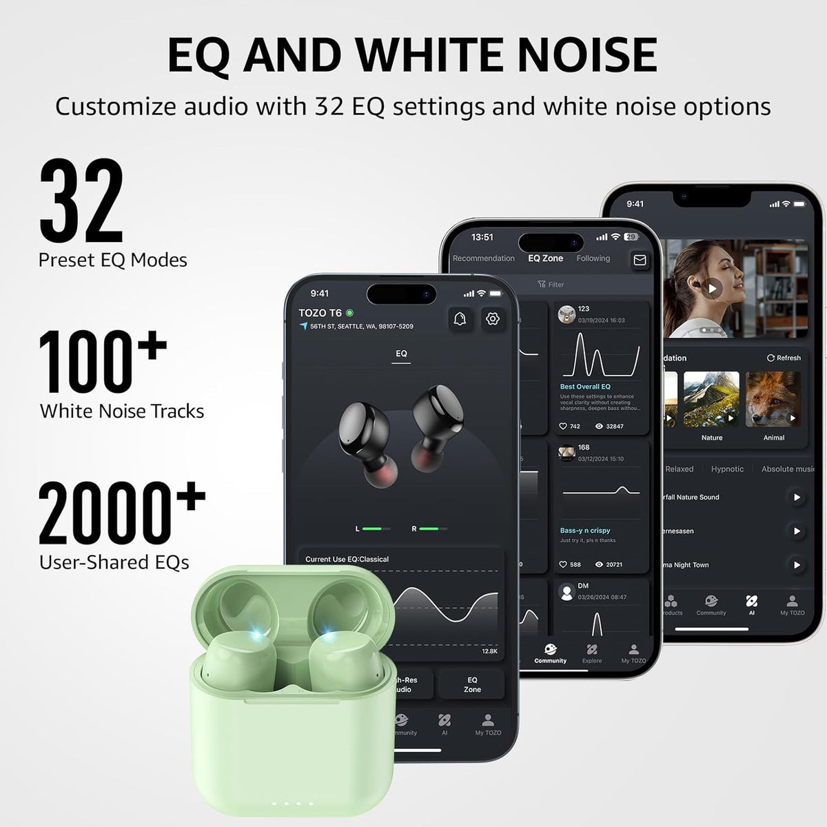 TOZO T6 Wireless Earbuds, IPX8 Waterproof Ear Buds, Stereo Bass Sound Bluetooth 5.3 Headphones in Ear, 50 Hours Playtime Earphones, Wireless Charging Case, Custom 32 EQ via APP