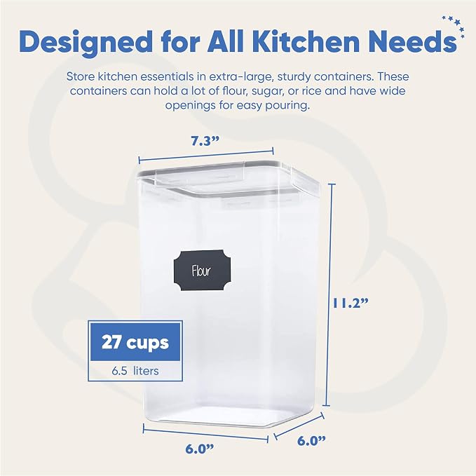 Chef's Path Extra Large Tall Airtight Food Storage Containers, Set of 4, Airtight Food Storage for Flour, Sugar, Rice, Includes Measuring Scoops, Pen, and Labels, 7qt, 220Oz, 6.5L, Transparent