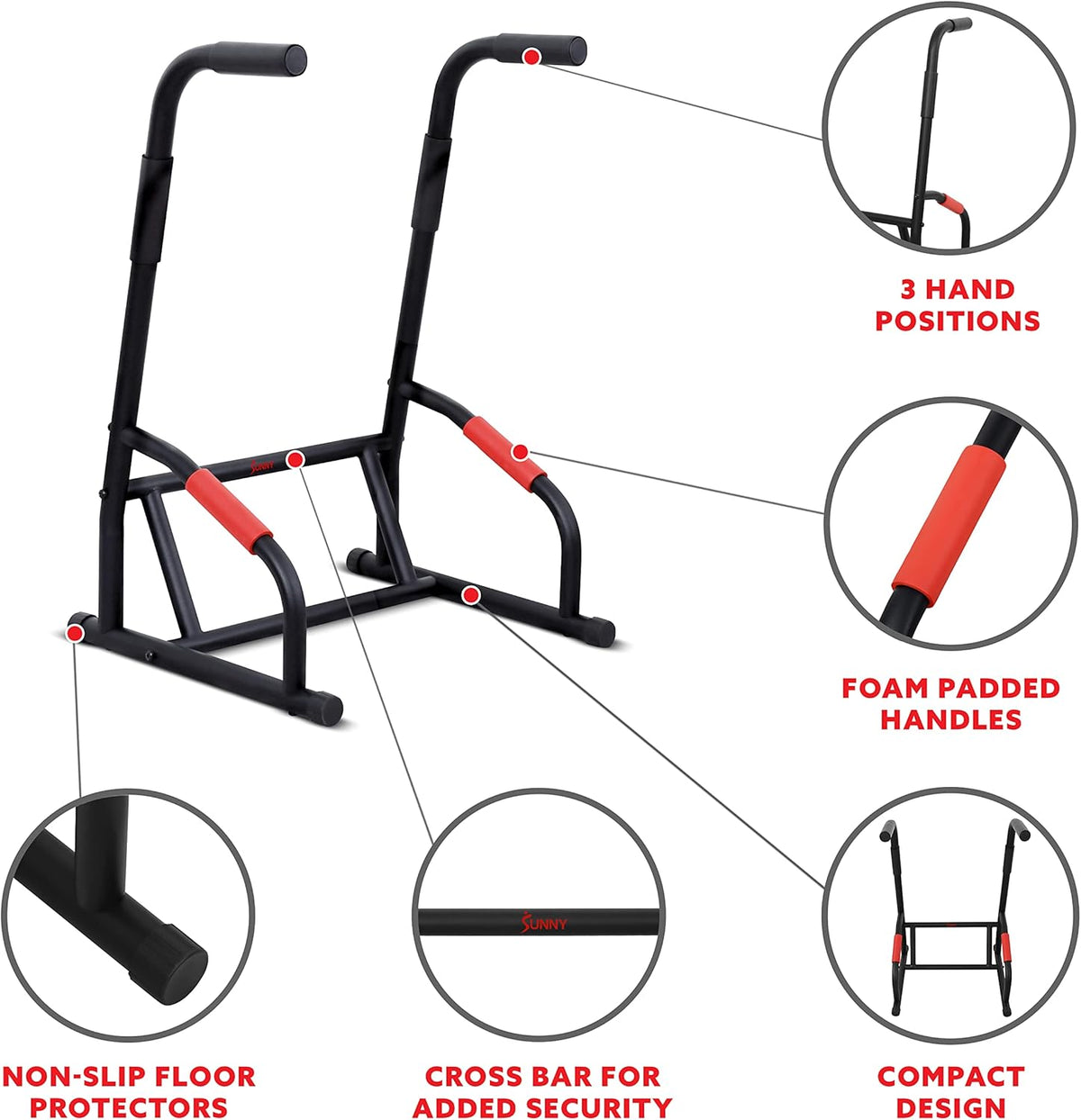Sunny Health & Fitness Power Tower, Dip Bar, Push-Up & Pull Up Assisting Parallette Station w Optional Rock Climbing Grip Trainer