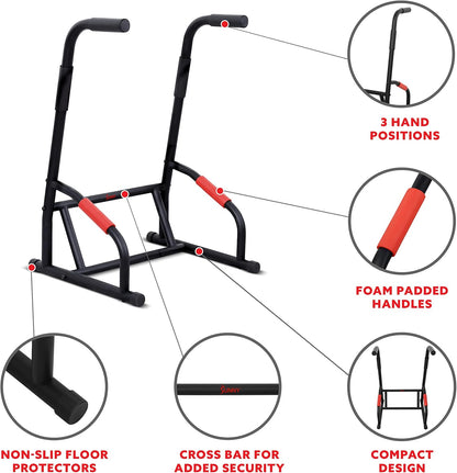 Sunny Health & Fitness Power Tower, Dip Bar, Push-Up & Pull Up Assisting Parallette Station w Optional Rock Climbing Grip Trainer