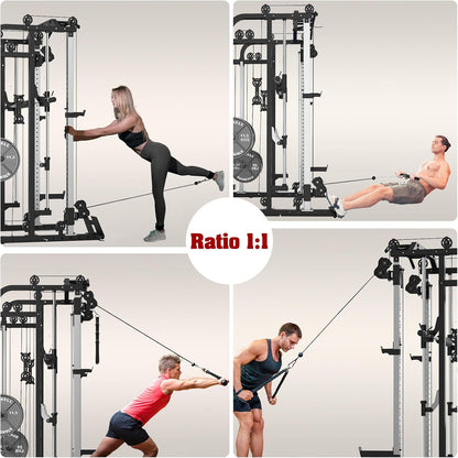 Smith Machine, Multifunctional Power Cage Rack with Smith Bar and Cable Pulley System, and LAT Pull Down Machine for Home Gym…