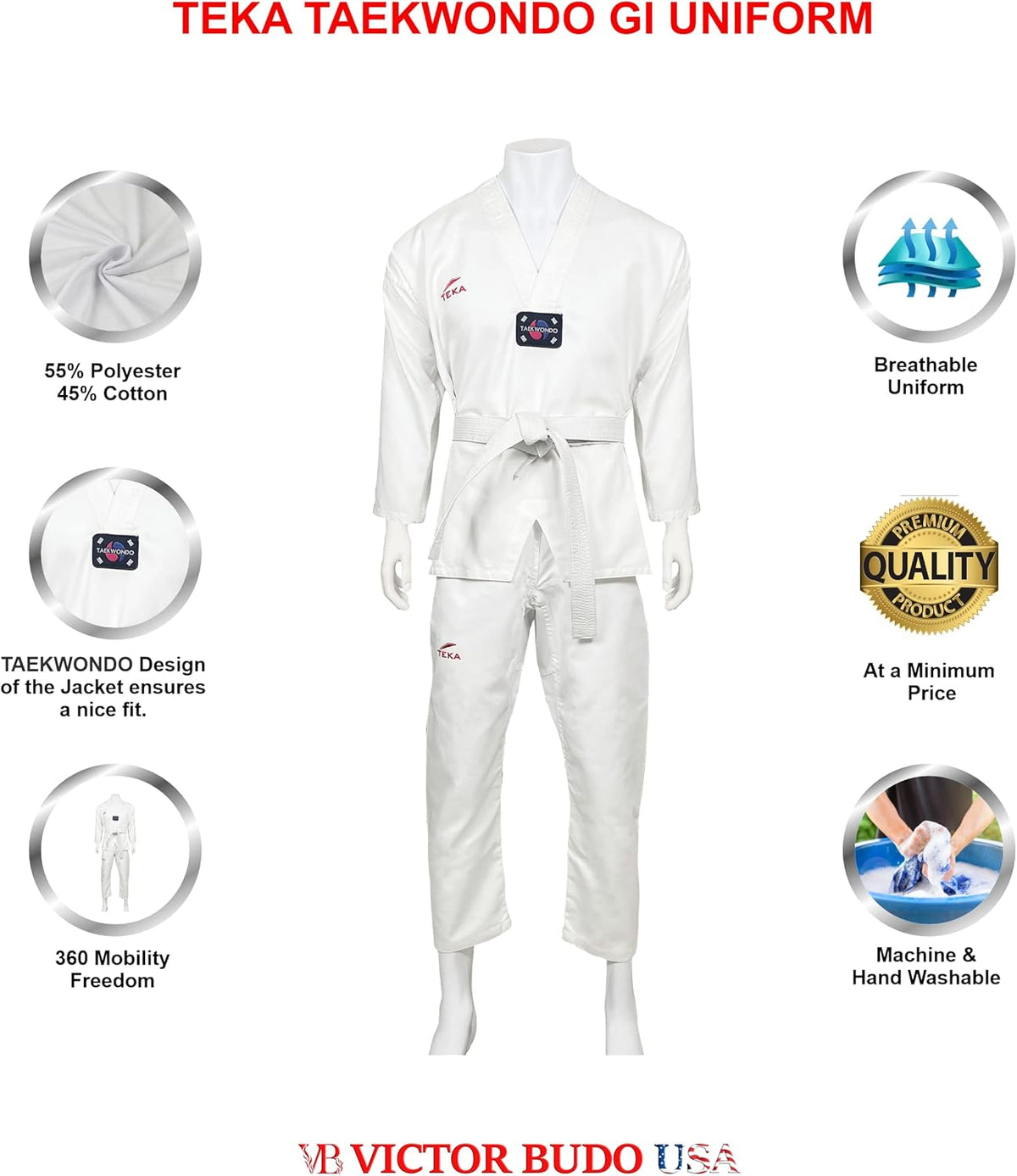 Teka Taekwondo Uniform with Free Belt 8-oz Lightweight Martial Arts Training Competition Uniform Gi Size 00-6