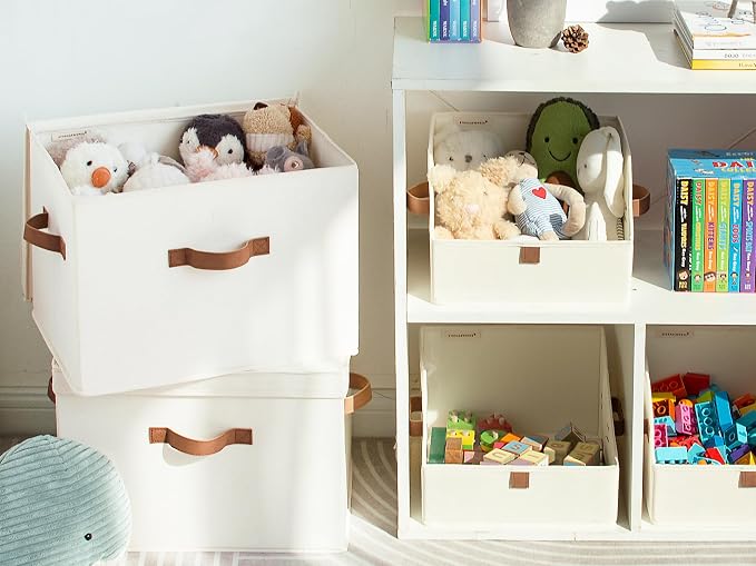 StorageWorks Fabric Storage Bins with Lid, Decorative Storage Boxes for Shelves, Stackable Closet Organizer Basket with Handles, Jumbo, Ivory White, 2-Pack