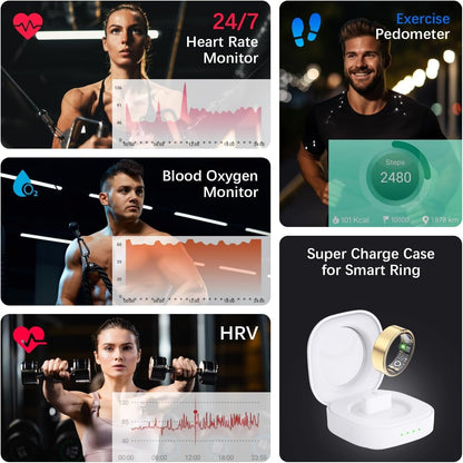 Health Tracker Ring, Smart Health Ring for Women Men with Heart Rate, Blood Oxygen, Sleep Monitor, Steps,Calories, No Subscription Fee, IP68 Waterproof Smart Ring for iPhone & Android (Gold, 8#)