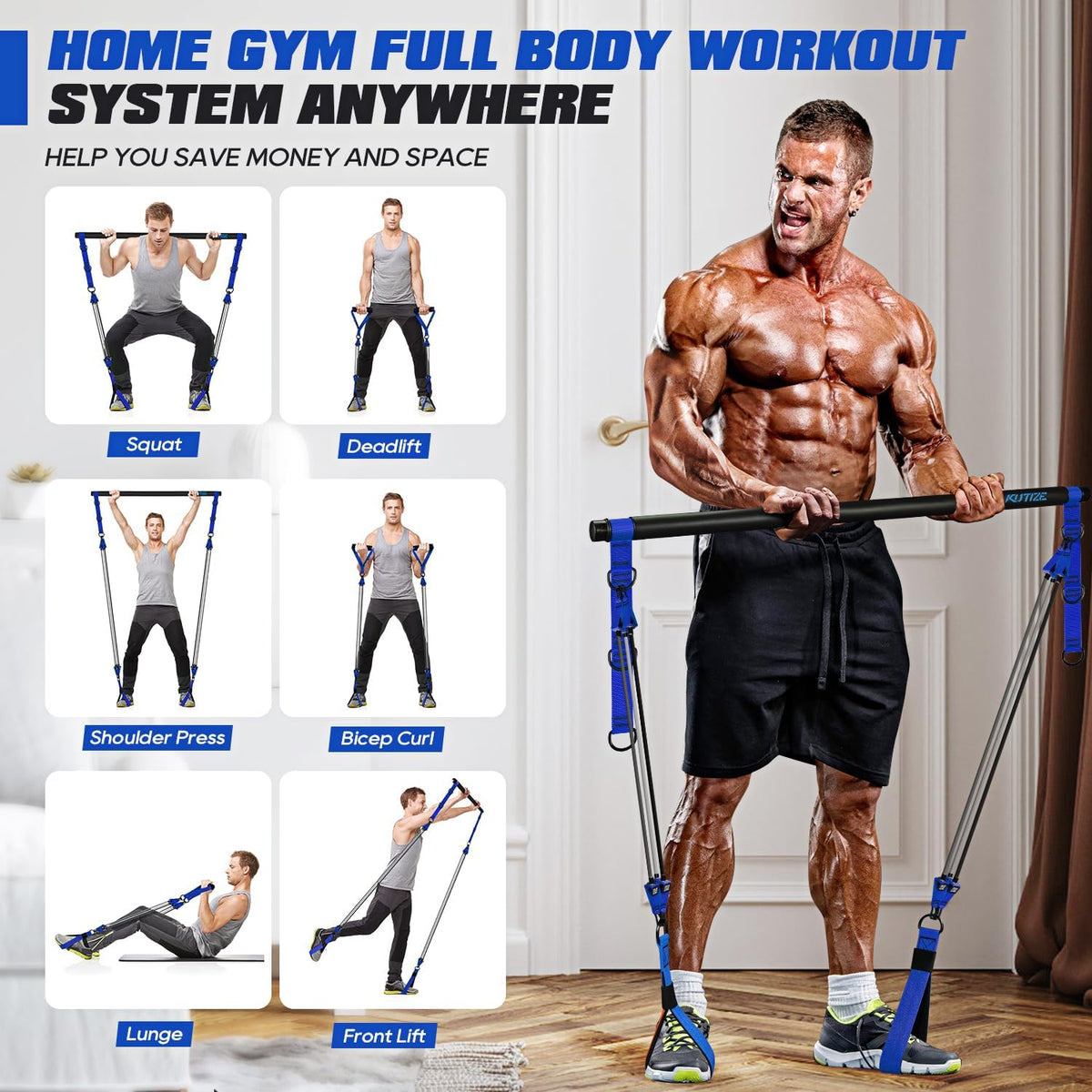 Pilates Bar Kit with Resistance Bands, Heavy Duty Pilates Equipment for Men, Strength Training Bar for Legs, Hip, Back, Arm, Abs, Chest, Shoulders, Portable Home Gym Full Body Workout Equipment
