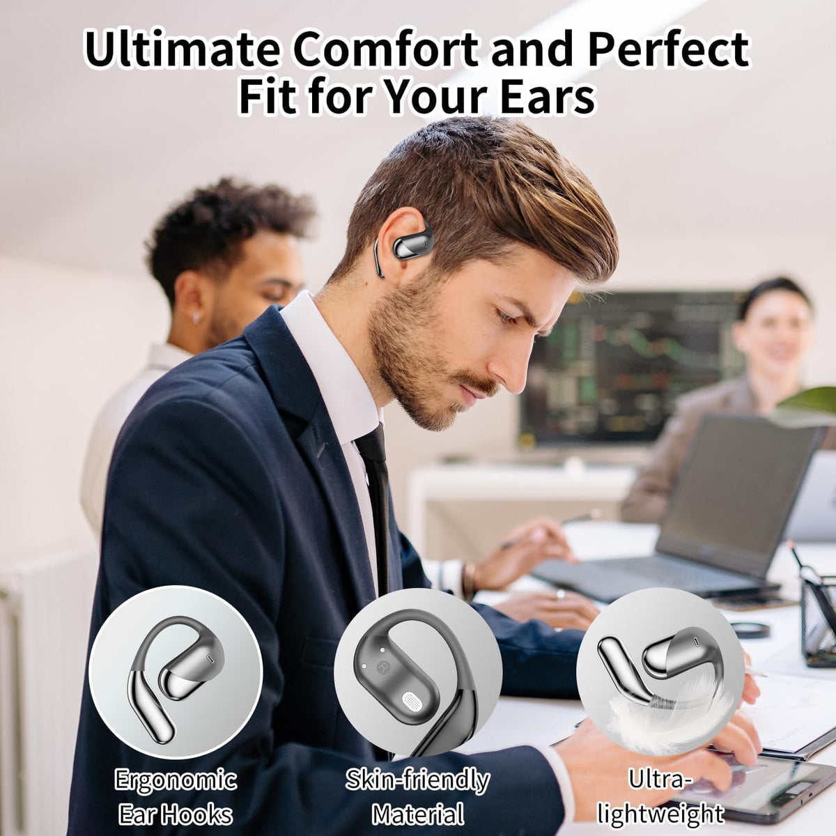 Open Ear Clip Wireless Earbuds Bone Conduction Headphones, Bluetooth 5.4, Open Ear Design, Built-in Mic, IPX7 Waterproof, LED Display Charging Case,Ear Hooks Ear Buds,Design for Running Fitness