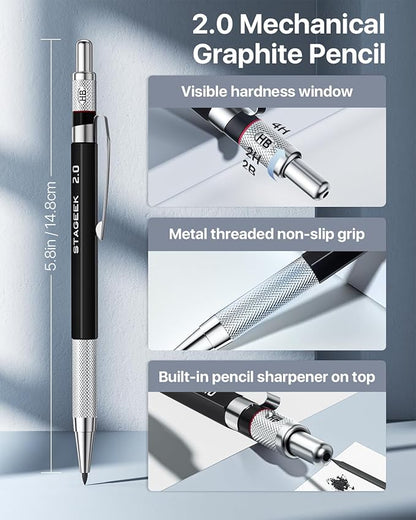 STAGEEK Mechanical Pencil Set with Canvas Bag 30 Count, Drawing Pencils 0.5, 0.7, 0.9MM & 3PCS 2MM Sketching Pencils with 464PCS Lead Refills (6B 4B 2B HB 2H 4H Color) for Artist Drafting Drawing