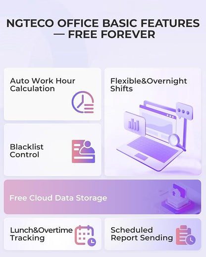 NGTeco Cloud Time Clock for Small Business, Real Remote Access, 4-in-1 Mode | Employee Time Clock with Face, Fingerprint, RFID, PIN Check-in, Software & App, Customizable Shift, 10 Cards, No Monthly Fee