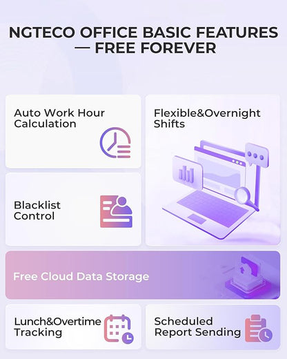 NGTeco Cloud Time Clock for Small Business, Real Remote Access, Auto Report | Employee Time Clock with Fingerprint/RFID Check-in, Customizable Shift, 2.4G/5G WiFi, 2000mAh Battery, 10 Card, 0 Monthly Fee