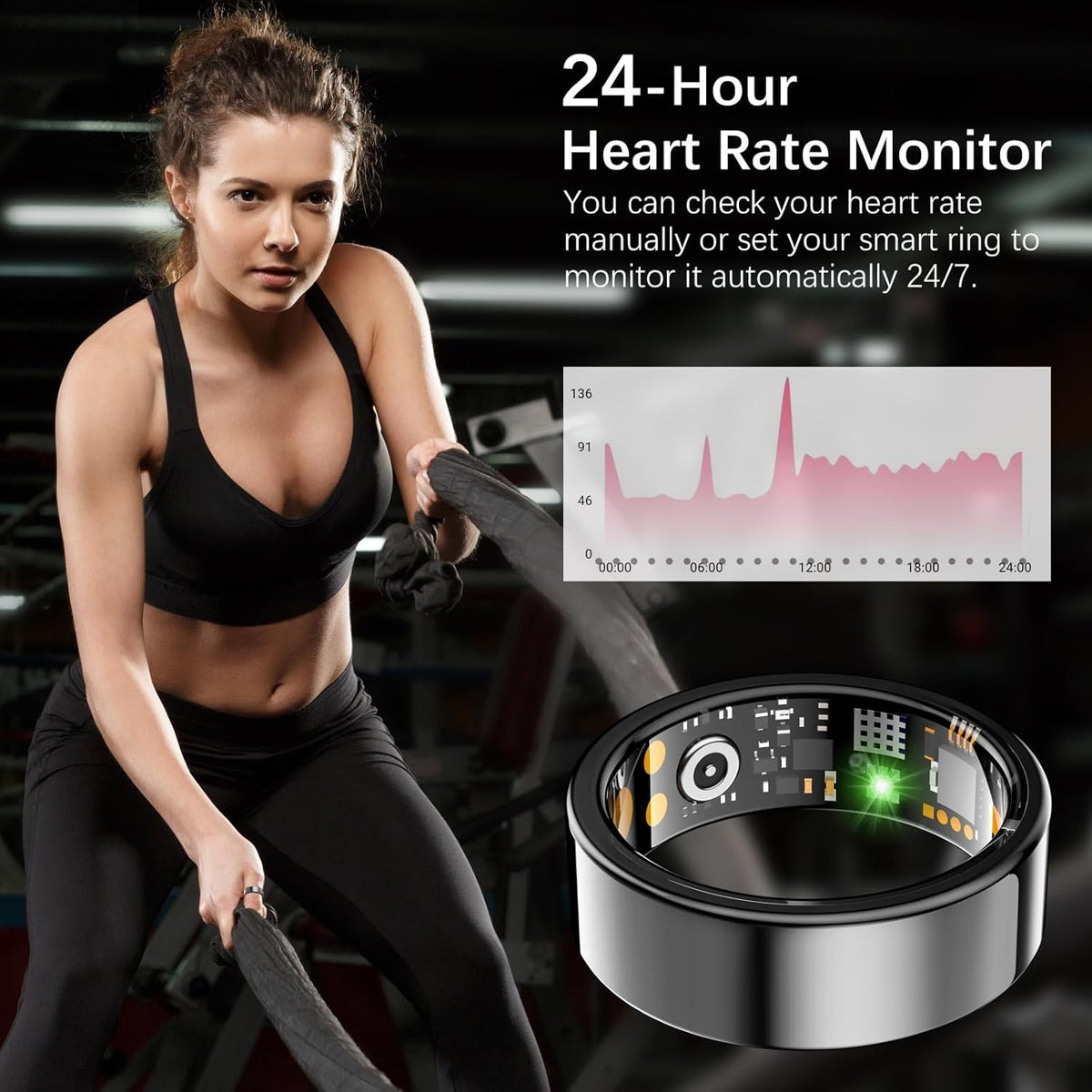 Ring Health Tracker for Women Men, Fit Ring with Heart Rate, Blood Oxygen, Sleep Monitor, Calories, Step Counter, IP68 Waterproof Smart Ring for iPhone & Android, No Subscription Fee (Black, 14#)